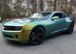 Chevrolet Camaro wrapped in Avery ColorFlow Gloss Fresh Spring Gold/Silver shade shifting vinyl