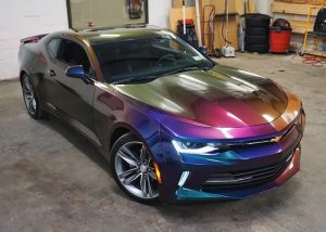 Chevrolet Camaro wrapped in Avery ColorFlow Gloss Lightning Ridge Green/Purple shade shifting vinyl