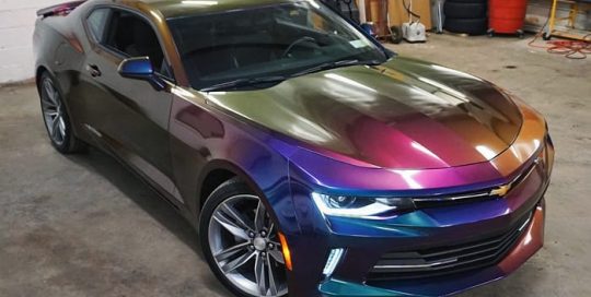 Chevrolet Camaro wrapped in Avery ColorFlow Gloss Lightning Ridge Green/Purple shade shifting vinyl