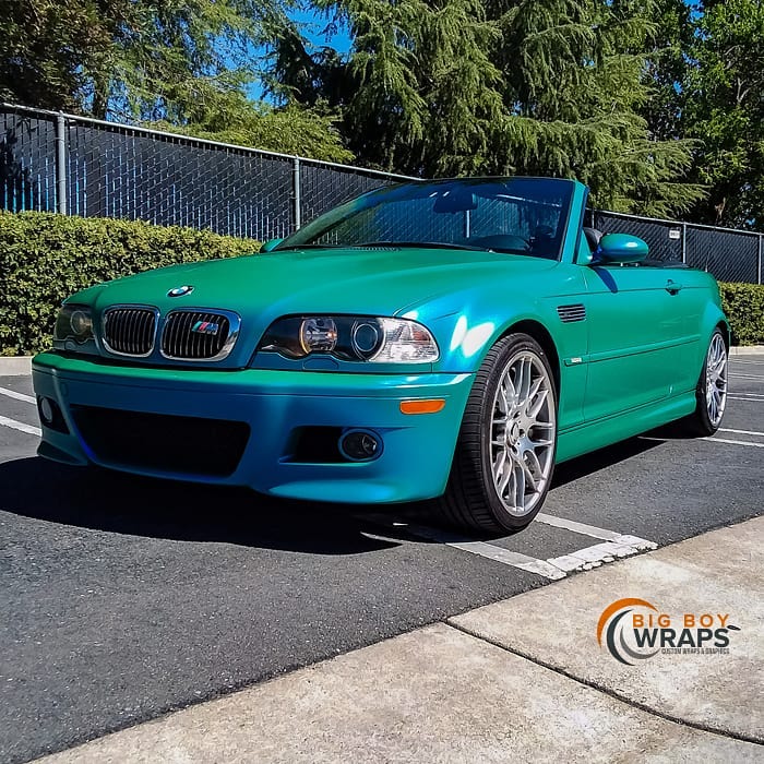 BMW M3 wrapped in 3M ColorFlip Satin Caribbean Shimmer Cyan/Green shade shifting vinyl