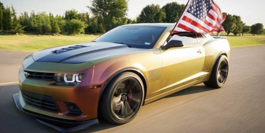 Chevrolet Camaro wrapped in Avery ColorFlow Satin Rising Sun Red/Gold shade shifting vinyl