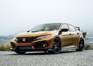 Honda Civic Typer wrapped in very ColorFlow Satin Rising Sun Red/Gold shade shifting vinyl