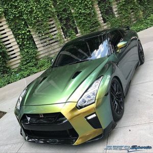 Nissan GTR wrapped in Avery ColorFlow Gloss Fresh Spring Gold/Silver shade shifting vinyl