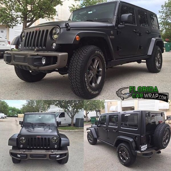 Jeep Wrangler wrapped in Satin Black vinyl Vinyl Wrap 3M & Avery
