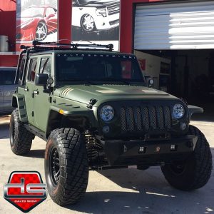 Jeep Wrangler wrapped in Matte Military Green vinyl