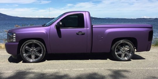 Chevy Silverado wrapped in Avery SW Matte Purple Metallic vinyl