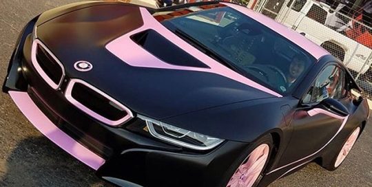 BMW i8 wrapped in Avery SW Satin Black and Bubblegum Pink vinyls