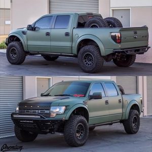Ford Raptor wrapped in Matte Military Green vinyl