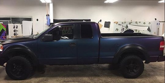 Ford F150 wrapped in Avery ColorFlow Satin Rushing Riptide Cyan/Purple shade shifting vinyl