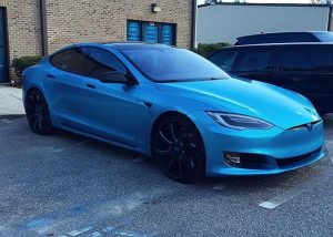 Tesla Models wrapped in Gloss Atlantis Blue vinyl