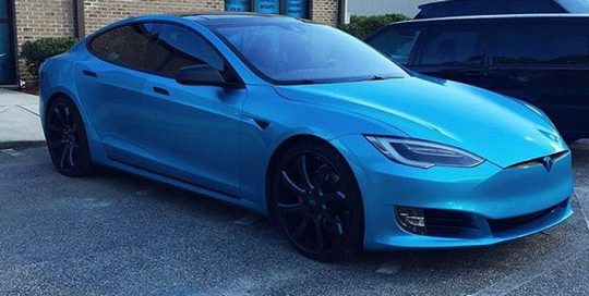Tesla Models wrapped in Gloss Atlantis Blue vinyl