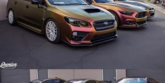 WRX Mustang and GTR wrapped in Avery ColorFlow Satin Rising Sun Red/Gold shade shifting vinyl