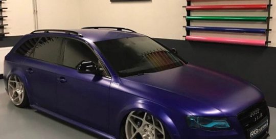 Audi RS-4 wrapped in Satin Mystique Blue vinyl