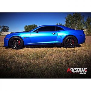 Camaro wrapped in Satin Perfect Blue vinyl