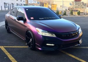 Honda Accord wrapped in Avery ColorFlow Satin Rushing Riptide Cyan/Purple shade shifting vinyl