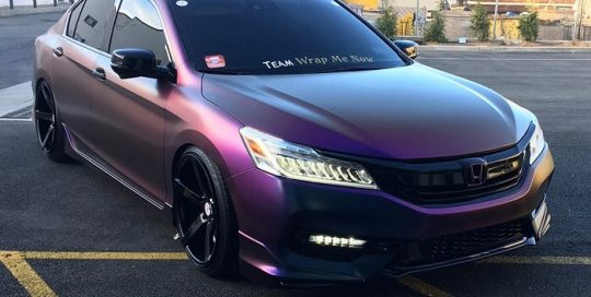 Honda Accord wrapped in Avery ColorFlow Satin Rushing Riptide Cyan/Purple shade shifting vinyl