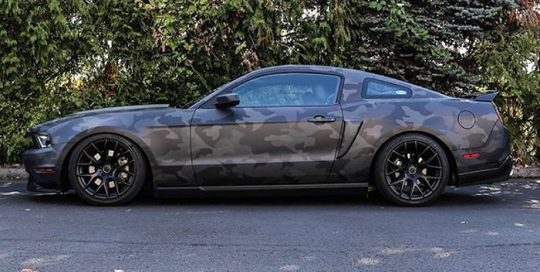 Ford Mustang wrapped in custom printed camo on 3M IJ180Cv3 vinyl