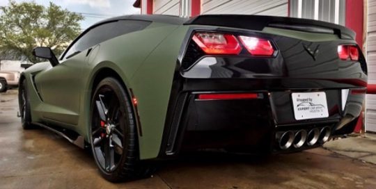 Corvette wrapped in Matte Military Green vinyl
