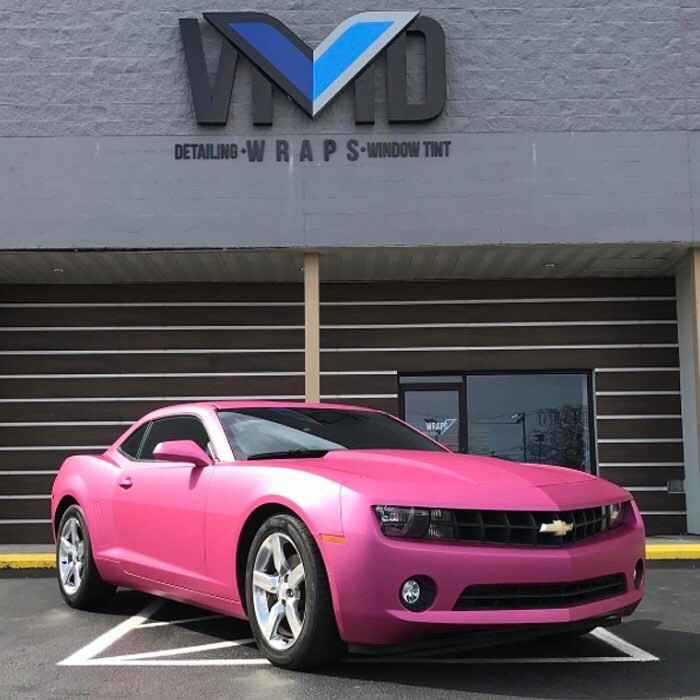 Camaro wrapped in Avery SW Matte Metallic Pink vinyl.