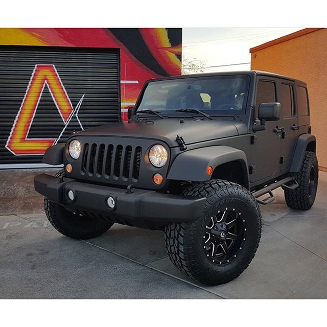 Jeep Wrangler wrapped in Matte Deep Black vinyl Jeep Wrangler wrapped in Matte Deep Black vinyl
