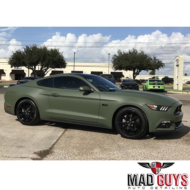 Ford mustang GT wrapped in Matte Military Green vinyl