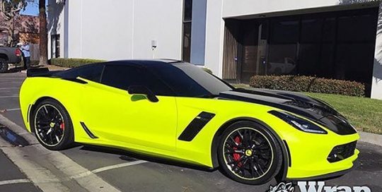 Chevrolet corvette Z-06 wrapped in Satin Neon Fluorescent Yellow vinyl