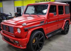 Mercedes Benz Gwagon wrapped in Satin Smoldering Red vinyl