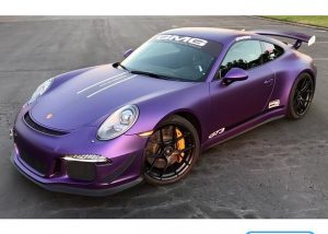 Porsche GT-3 wrapped in Avery SW Matte Purple Metallic vinyl