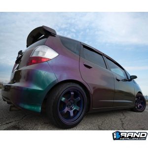 Honda Fit wrapped in Avery ColorFlow Gloss Lightning Ridge Green/Purple shade shifting vinyl