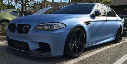 BMW M-5 wrapped in Avery SW Matte Frosty Blue Metallic Vinyl