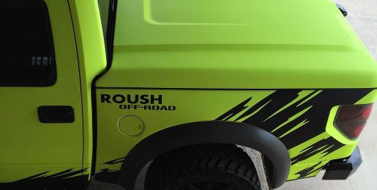 Raptor Pick Up wrapped in Satin Neon Fluorescent Yellow vinyl
