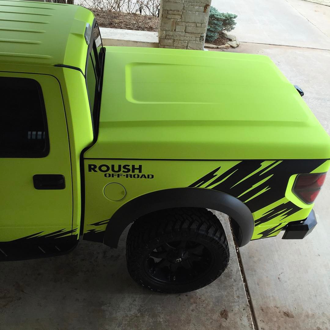 Raptor Pick Up wrapped in Satin Neon Fluorescent Yellow vinyl