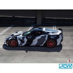 Corvette Z06 wrapped in custom Camo 3M 1080 Matte White, Matte Black and Matt Dark Gray vinyls