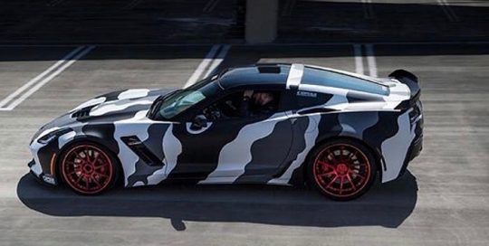 Corvette Z06 wrapped in custom Camo 3M 1080 Matte White, Matte Black and Matt Dark Gray vinyls