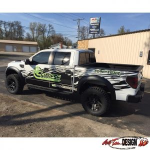 Ford Raptor Commercial Truck wrapped in Orafol 970RA Matte Black and custom printed 3951 vinyls