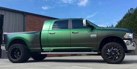 Ram Truck wrapped in Avery ColorFlow Satin Urban Jungle Silver/Green shade shifting vinyl