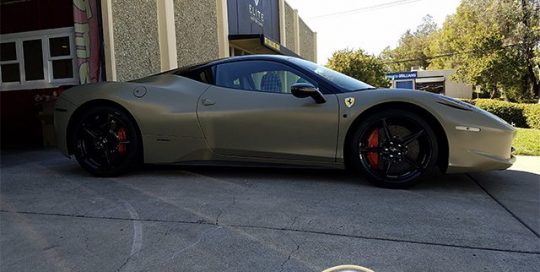 Ferrari 458 wrapped in Avery SW Satin Khaki Green vinyl
