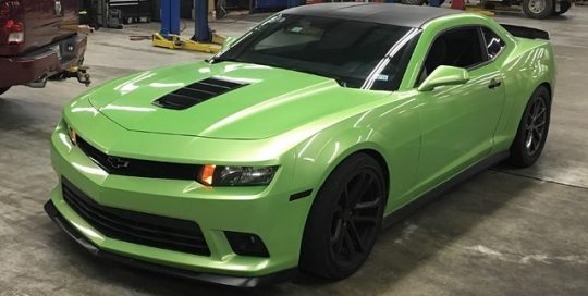 Camaro wrapped in Avery SW Gloss Light Green Pearlescent vinyl