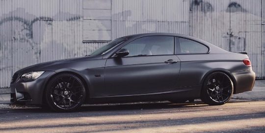 BMW 335-I wrapped in Avery SW Satin Pearl Nero vinyl
