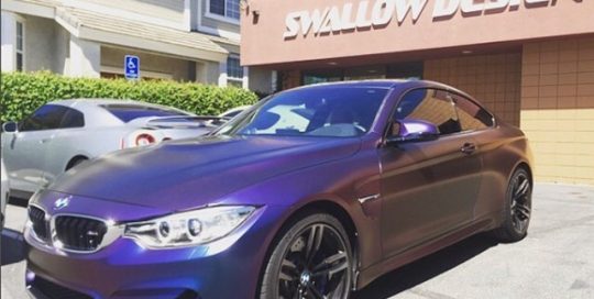 BMW M-4 wrapped in Avery ColorFlow Satin Rushing Riptide Cyan/Purple shade shifting vinyl