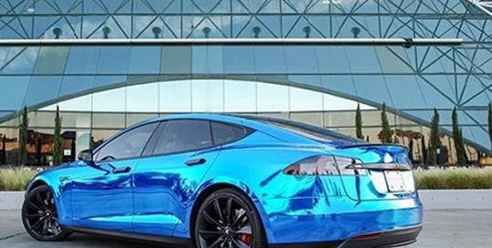 Tesla SP-85 wrapped in Avery Blue Chrome vinyl