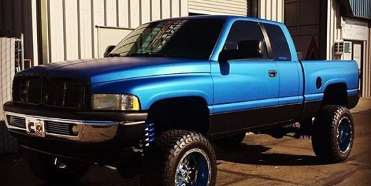 Ram Truck wrapped in Matte Blue Metallic vinyl