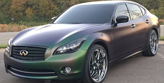 Infiniti M37X wrapped in Avery ColorFlow Satin Urban Jungle Silver/Green shade shifting vinyl