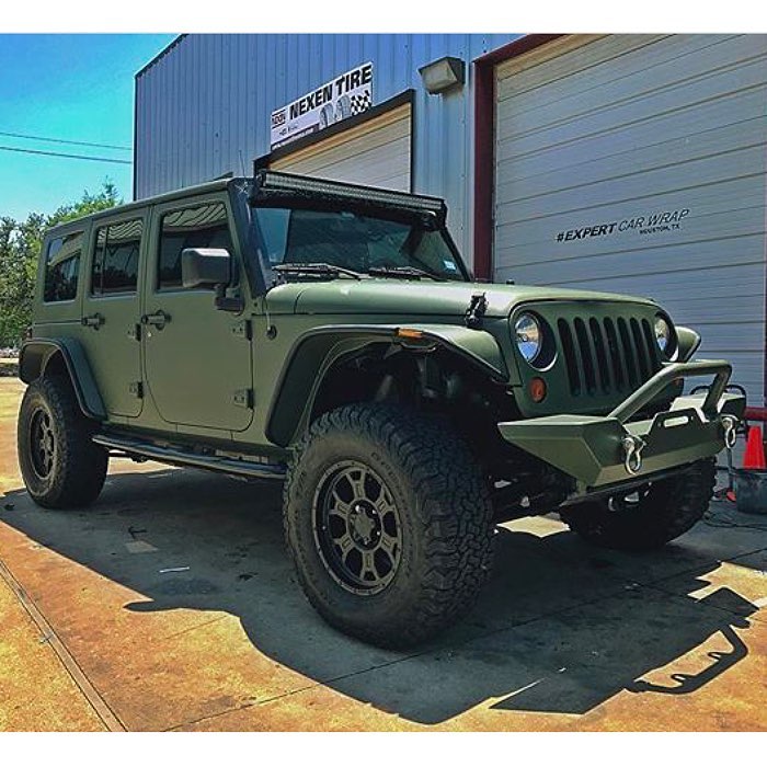 Jeep Wrangler wrapped in Matte Military Green vinyl