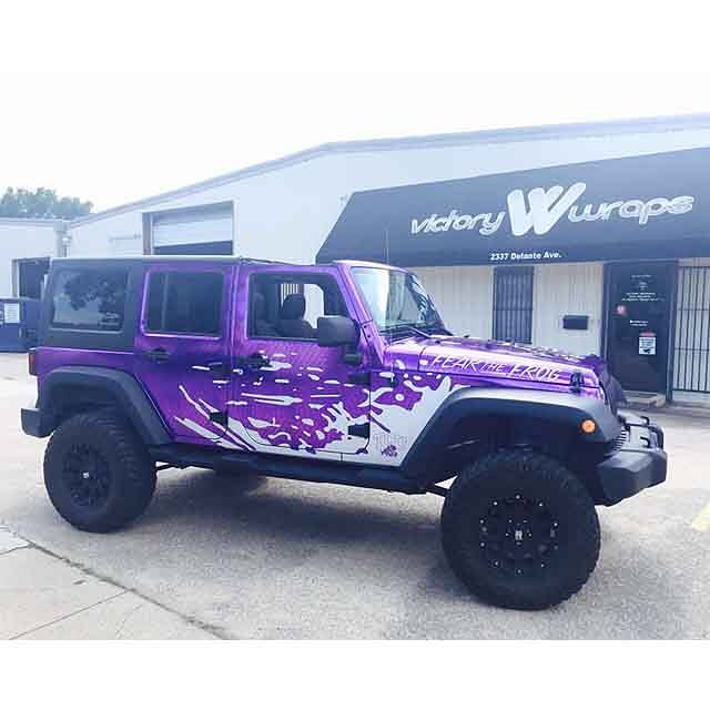 Jeep Wrangler wrapped in custom purple printed on 3M IJ8150 Clear over  Avery Silver Chrome vinyl with Avery SW Brushed Aluminum overlays
