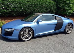 Audi R-8 wrapped in Avery SW Matte Frosty Blue Metallic vinyl