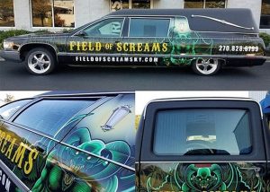 Hearse Series Car wrapped in custom printed Avery 1105EZRS vinyl