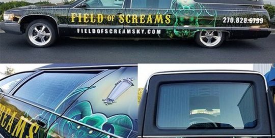 Hearse Series Car wrapped in custom printed Avery 1105EZRS vinyl