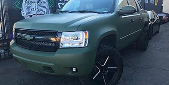 Chevy Avalanche wrapped in Matte Military Green vinyl