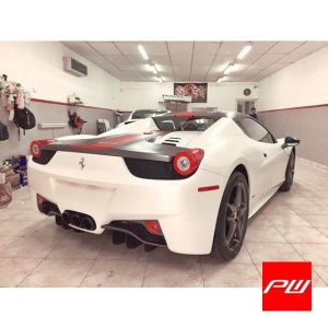 Ferrari 458 wrapped in Avery SW Satin Pearl White and Red Chrome stripes